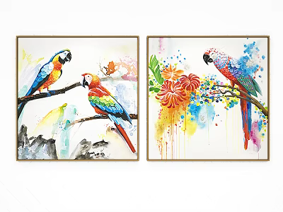 Vibrant Watercolor Animal Painting Featuring Parrot on Branch with Flowers and Two Panel White Frame 3d model