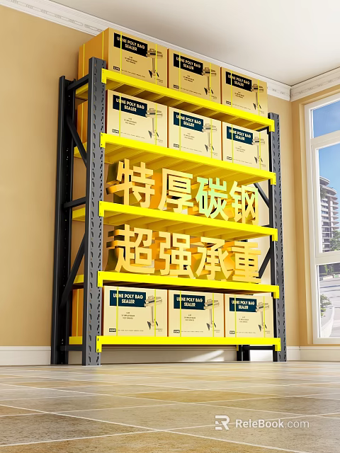 Heavy Duty Carbon Steel Shelving Unit With Strong Load Capacity And Yellow Boxes 3d model 