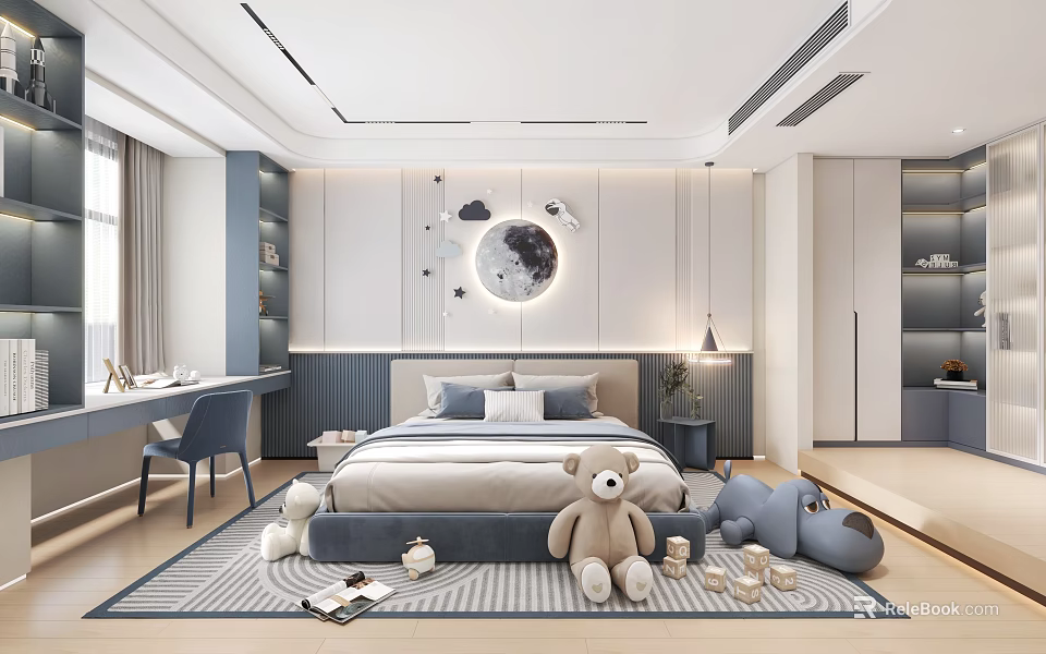 Kids Room Interior With Moon Cloud Wall Decor Bed Pillows Stuffed Toys And Desk Chair 3d model 