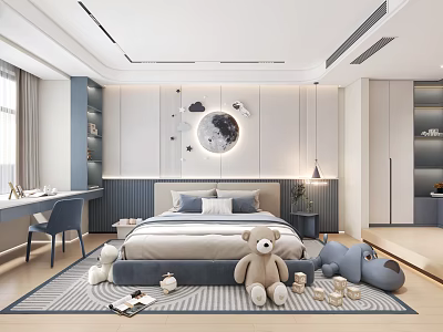 Kids Room Interior With Moon Cloud Wall Decor Bed Pillows Stuffed Toys And Desk Chair 3d model