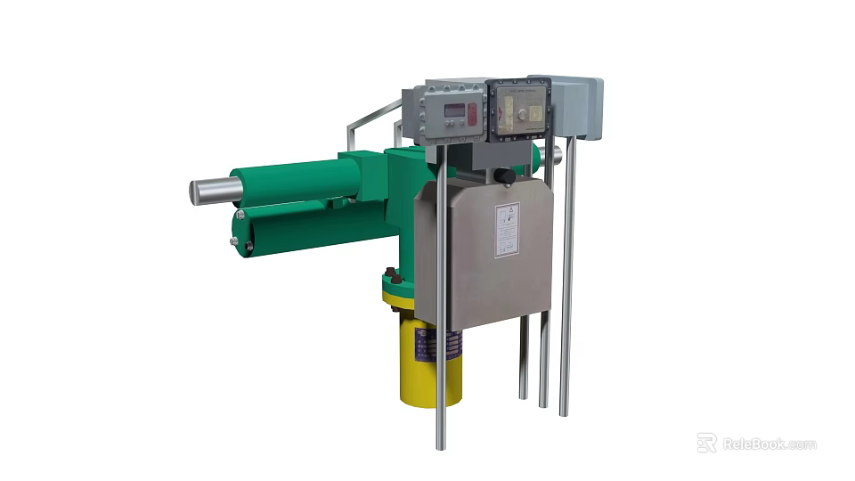 Industrial Equipment With Green Hydraulic Cylinder Yellow Base Metal Support Frame And Digital Control Panel 3d model 