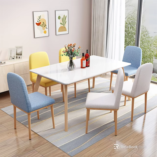 Rectangular Dining Table Set With White Tabletop Upholstered Chairs Flower Vase And Wine Bottles 3d model