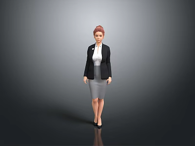 A Woman In Black Blazer White Shirt Gray Skirt Black High Heels Against Gray Background 3d model