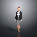 A Woman In Black Blazer White Shirt Gray Skirt Black High Heels Against Gray Background