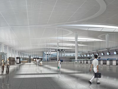 Spacious Modern Airport Terminal With Curved Ceiling Natural Light And Passengers Walking 3d model