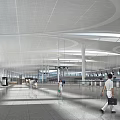Spacious Modern Airport Terminal With Curved Ceiling Natural Light And Passengers Walking