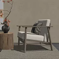 Natural Wooden Accent Chair with Linen Cushion Pillows and Woven Rug