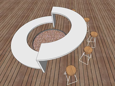 White Circular Table With Gravel Center And Wooden Seats Metal Frame Stools On Wooden Floor 3d model