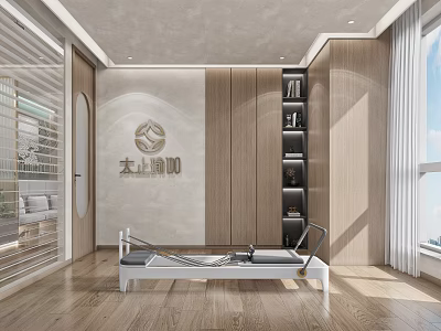Modern Fitness Studio Interior With Pilates Reformer Wooden Flooring And Yoga Elements 3d model