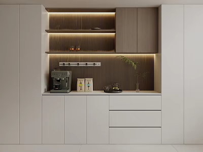 Modern Sideboard Design With White And Wood Finish LED Lighting And Decorative Items On Top 3d model