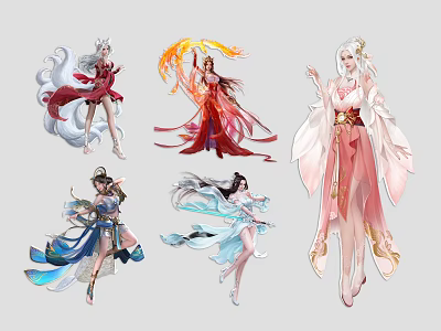 Ancient Chinese Style Game And Movie Characters In Elegant Flowing Colorful Robes With Dynamic Poses 3d model