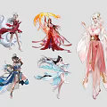 Ancient Chinese Style Game And Movie Characters In Elegant Flowing Colorful Robes With Dynamic Poses