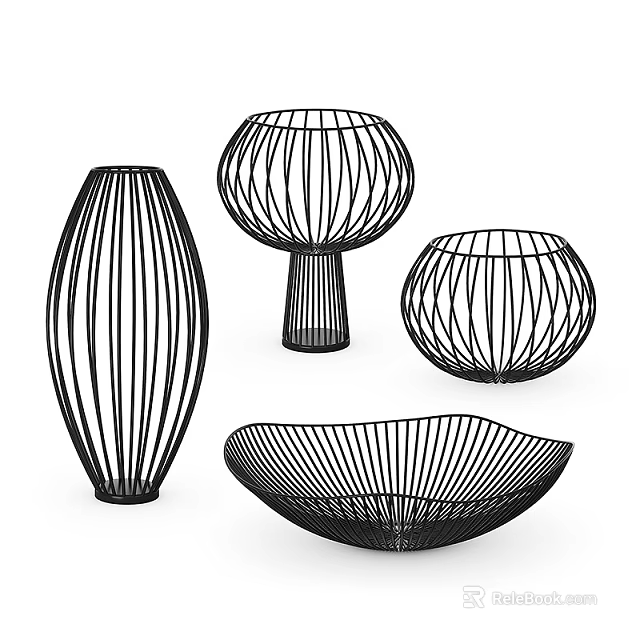 Black Striped Ceramic Vessels with Modern Decorative Design and Various Shapes 3d model 