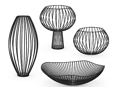 Black Striped Ceramic Vessels with Modern Decorative Design and Various Shapes 3d model