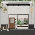 Modern Storefront With Wooden Door Glass Canopy Stone Wall Wall Lamps And Front Plants