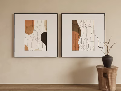Framed Abstract Paintings With Curved Lines Earth Tones Hanging On Wall Near Wooden Stand Black Vase Dried Branches 3d model