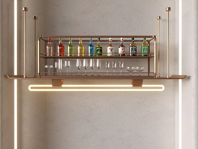 Modern Gold Metal Wine Rack With Colorful Bottles Glasses And LED Strip Lights 3d model