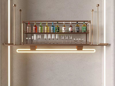 Modern Gold Metal Wine Rack With Colorful Bottles Glasses And LED Strip Lights 3d model