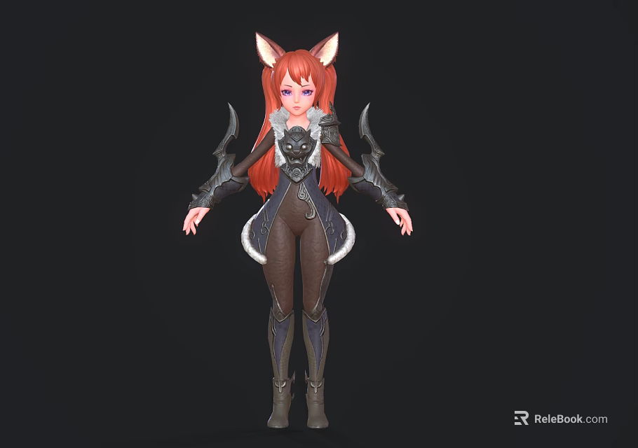 Fox Eared Fantasy Female Character With Long Red Hair And Bat Wing Decorations 3d model 