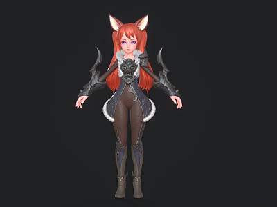 Fox Eared Fantasy Female Character With Long Red Hair And Bat Wing Decorations 3d model