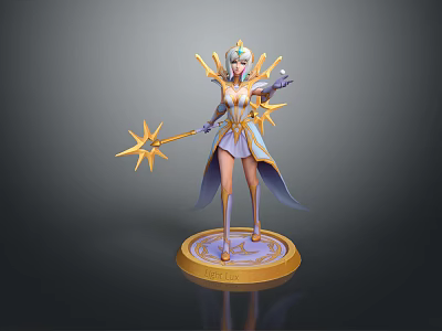 Elegant Female Game Movie Character With Ornate Gold Purple Outfit And Staff On Decorative Pedestal 3d model