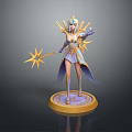 Elegant Female Game Movie Character With Ornate Gold Purple Outfit And Staff On Decorative Pedestal