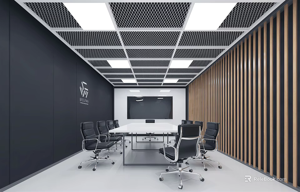 Modern Meeting Room Interior Design With Conference Table Black Office Chairs And Wooden Slat Walls 3d model 