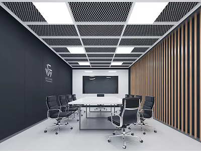 Modern Meeting Room Interior Design With Conference Table Black Office Chairs And Wooden Slat Walls 3d model