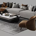 Light Gray Sofa Coffee Table Set With Multiple Throw Pillows Beige Armchair And Striped Rug