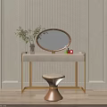 Modern Dressing Table with Oval Mirror Gold Legs Brown Stool Green Plant Cosmetics on Top