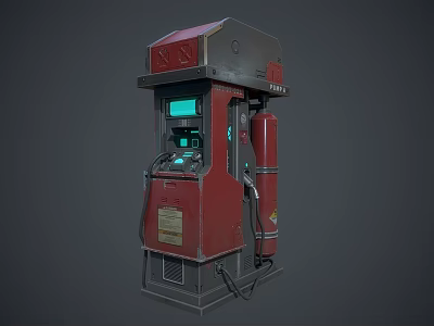 3D Rendered Red Gray Fuel Dispenser With Green Display And Control Panel 3d model