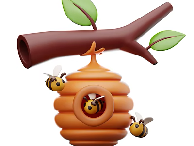 Honeycomb Shaped Decorative Ornament Set With Bees Branch And Green Leaves 3d model