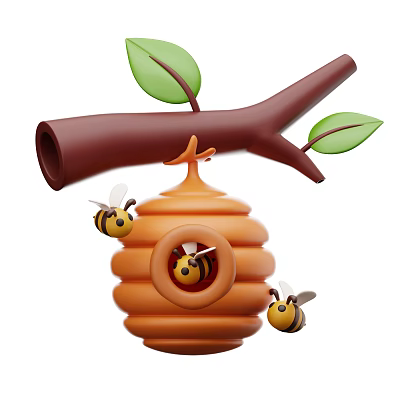 Honeycomb Shaped Decorative Ornament Set With Bees Branch And Green Leaves 3d model