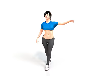 Woman In Blue Cropped Top And Black Leggings Stretching With White Sneakers 3d model