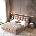 Modern Brown Tufted Headboard Double Bed With Wooden Accent Wall And LED Strip Lighting