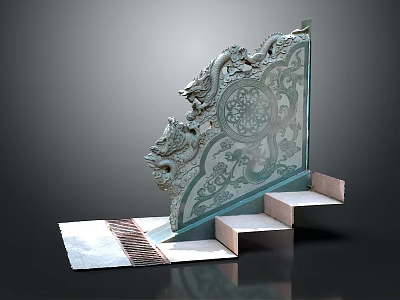 Intricately Carved Stone Railing with Dragon Patterns Ornate Designs and Adjacent Steps 3d model