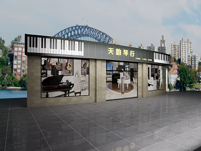 Piano shop door head shopping mall storefront exterior wall brick 3d model