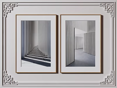 Two Framed Black And White Photos With Staircase Vertical Stripes Partition And Chinese Pattern Border 3d model