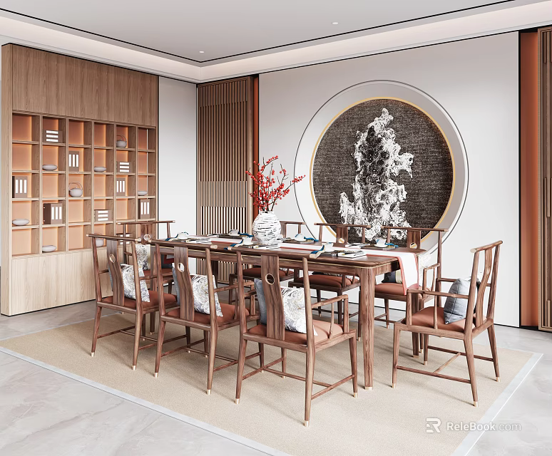 Modern Chinese Restaurant Interior With Wooden Bookshelf Circular Ink Painting Dining Table And Red Flowers 3d model 