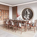 Modern Chinese Restaurant Interior With Wooden Bookshelf Circular Ink Painting Dining Table And Red Flowers