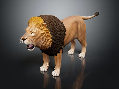 Lion Statue With Golden Brown Mane Roaring On Dark Background With Reflection 3d model