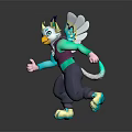 Fantasy Game Animated Character With White Wings Green Accents Purple Top And Clawed Feet