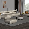 Modern Living Room Light Beige L Shaped Sofa Round Coffee Table With Ottoman Cushions Flowers