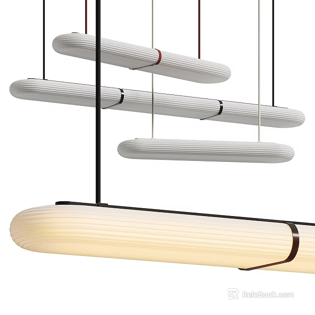 Modern Multiple Elongated Chandelier With Ribbed White Shades And Black Frames 3d model