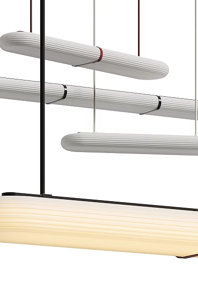Modern Multiple Elongated Chandelier With Ribbed White Shades And Black Frames 3d model