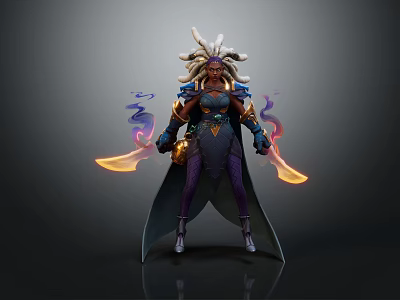 Mythical Female Warrior With Elaborate Headdress Dark Outfit Glowing Blades And Purple Smoke Effects 3d model
