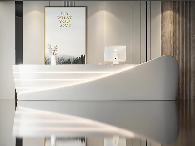 Modern Front Desk Reception With Sleek White Curved Counter Computer And Motivational Wall Art 3d model