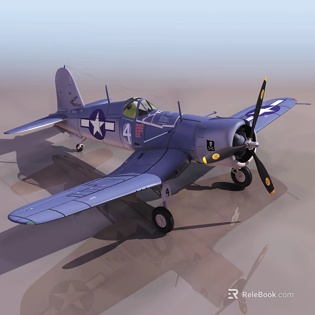 Vintage Blue Fighter with White Star Emblem Propeller Engine and Landing Gear Down 3d model 