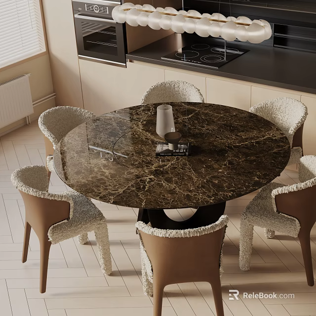 Elegant Round Dining Table Set With Dark Marble Top And Upholstered Wooden Leg Chairs 3d model 