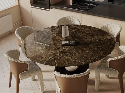 Elegant Round Dining Table Set With Dark Marble Top And Upholstered Wooden Leg Chairs 3d model